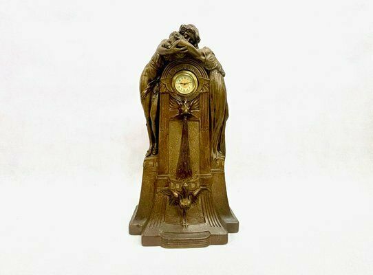 Large French Art Nouveau No 112 Fontaine De Labour Table Clock In Plaster From Lb Deposee, 1890s