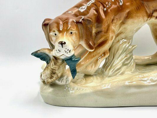 Large Hunting Dog With Duck Figurine In Porcelain From Royal Dux Bohemia, 1940s photo vinterior