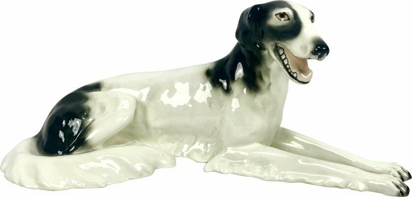 Art Deco Borzoi Greyhound Statue In Porcelain From Royal Dux Bohemia, Czechoslovakia, 1920s