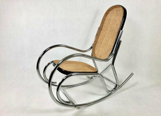 Mid Century Chromed Steel & Rattan Rocking Chair, 1970s photo for sale