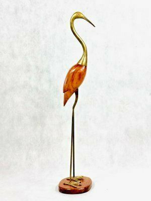 Mid Century Modern Tall Carved Teak And Brass Heron Figurine, 1960s photo for sale