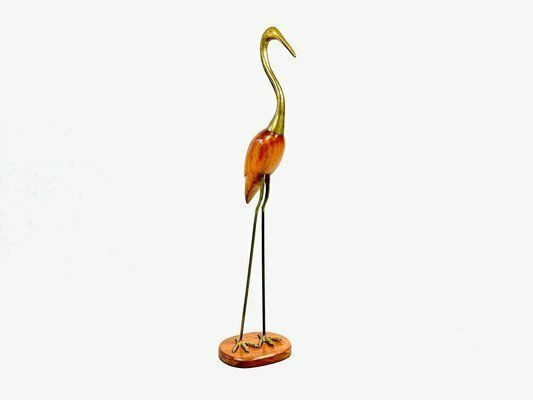 Mid Century Modern Tall Carved Teak And Brass Heron Figurine, 1960s photo 315.0