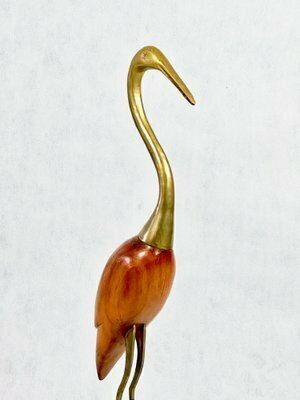 Home Decor Mid Century Modern Tall Carved Teak And Brass Heron Figurine, 1960s photo