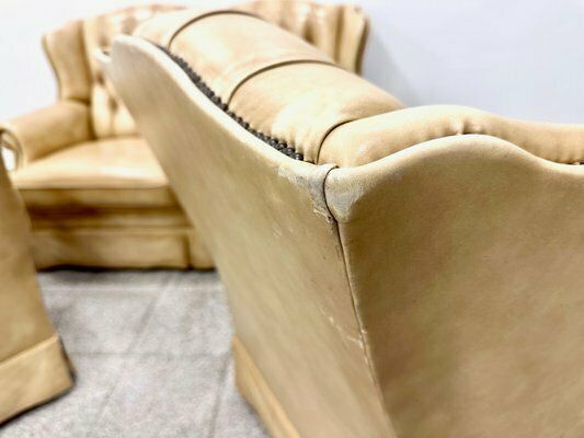 Chesterfield Style Leather Two Seater Sofa And Armchairs, 1980s, Set Of 3 photo for sale