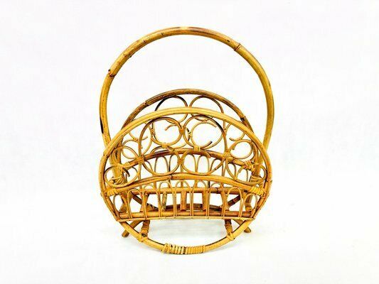 Italian Bamboo & Rattan Round Magazine Rack, 1970s