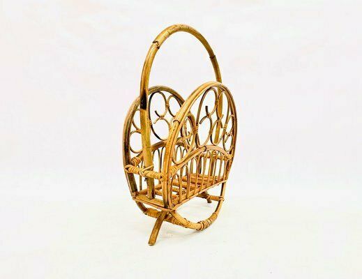 Italian Bamboo & Rattan Round Magazine Rack, 1970s photo vintage