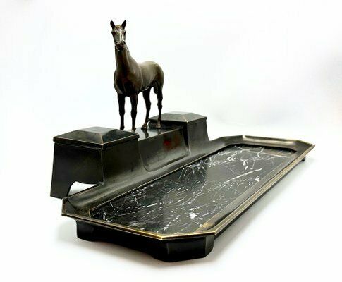 French Bronze & Marble Horse Desk Set With Inkwells, 1900s photo for sale