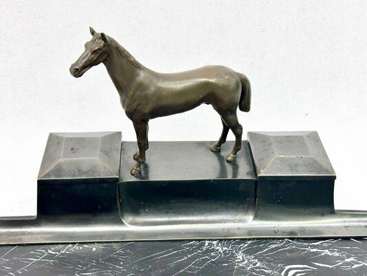 French Bronze & Marble Horse Desk Set With Inkwells, 1900s photo Home Decor
