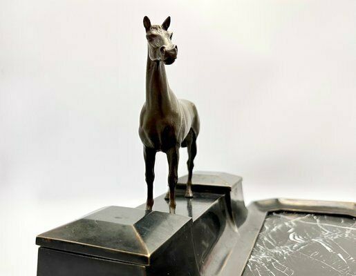 French Bronze & Marble Horse Desk Set With Inkwells, 1900s photo vinterior