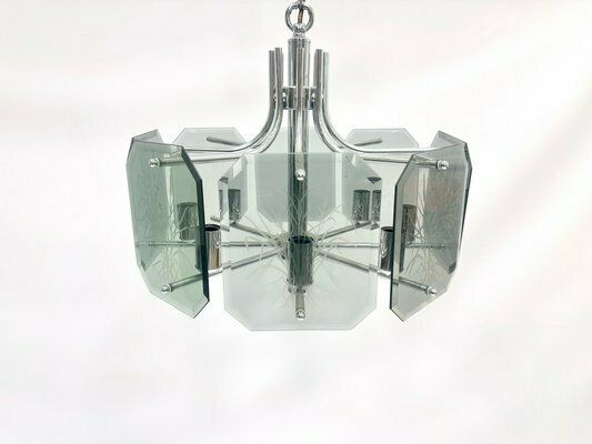 Chrome Plated And Smoked Glass Chandelier From Fischer Leuchten, 1980s photo Lighting