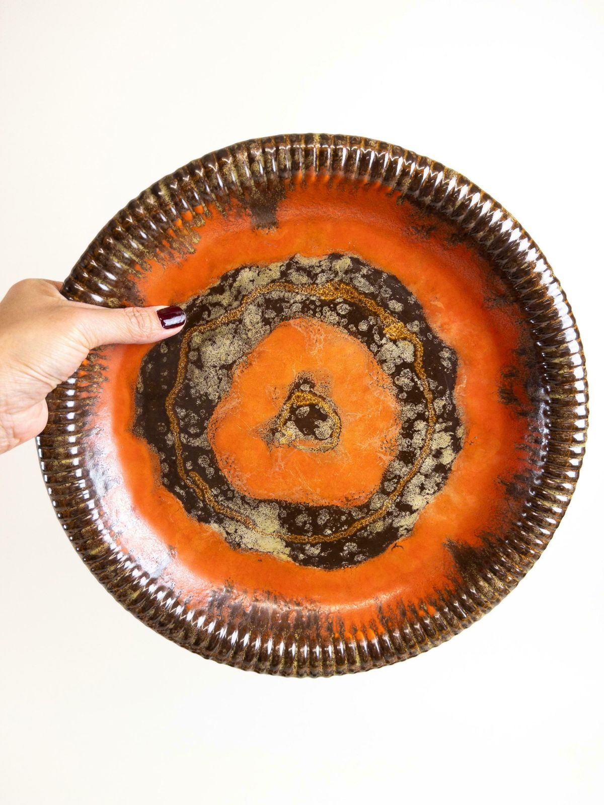 Carstens Uffrecht Serving Platter And 6 Dessert Plates   Rare Art Deco Orange And Brown Drip Glaze 7 Piece Plate Set photo for sale