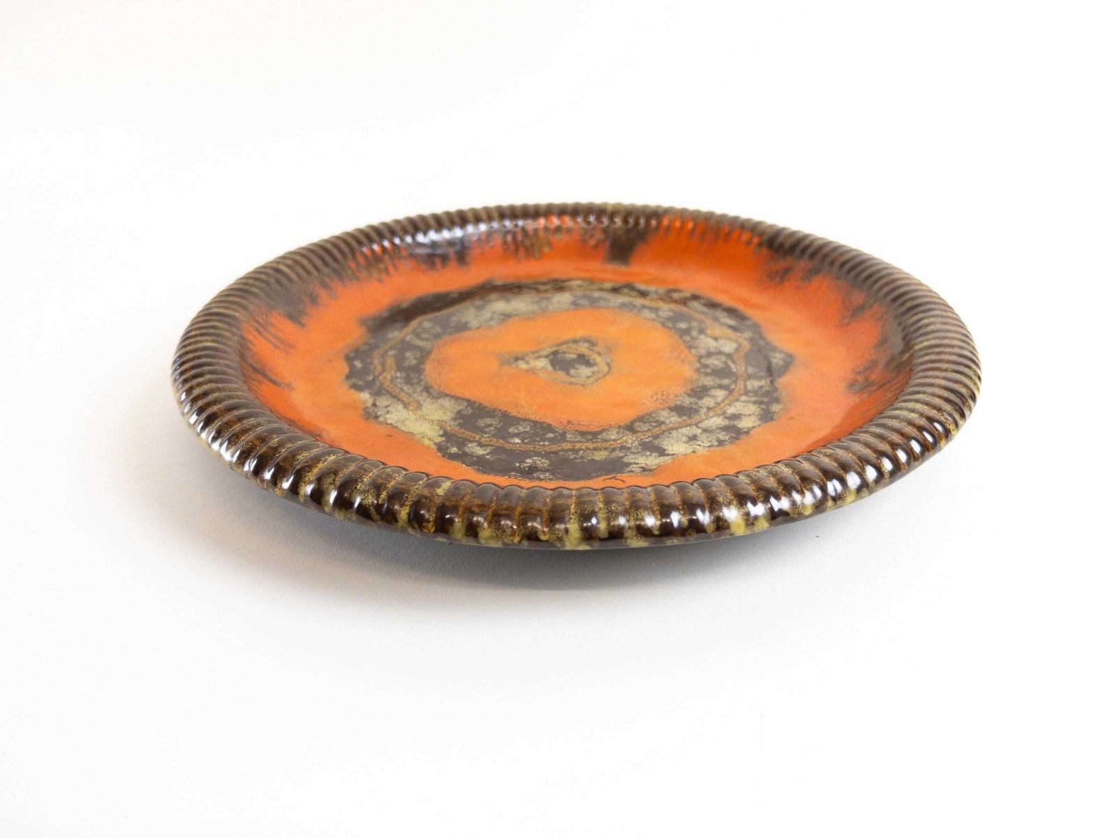 Carstens Uffrecht Serving Platter And 6 Dessert Plates   Rare Art Deco Orange And Brown Drip Glaze 7 Piece Plate Set photo Home Decor