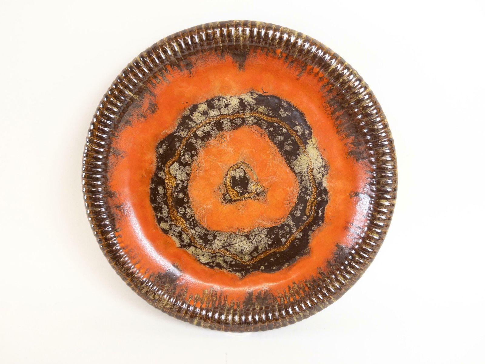 Carstens Uffrecht Serving Platter And 6 Dessert Plates   Rare Art Deco Orange And Brown Drip Glaze 7 Piece Plate Set photo 162.0