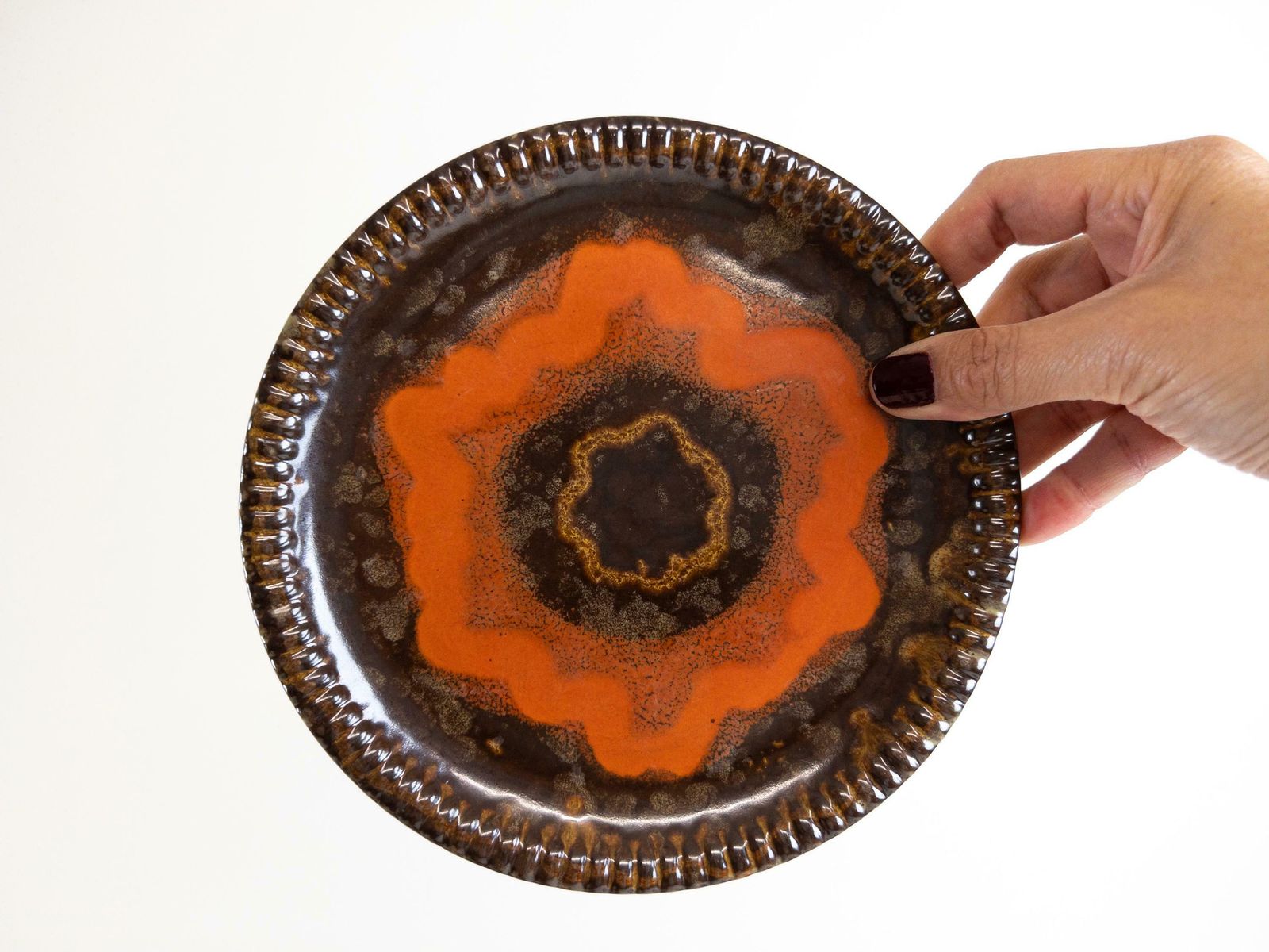 photo for sale Carstens Uffrecht Serving Platter And 6 Dessert Plates   Rare Art Deco Orange And Brown Drip Glaze 7 Piece Plate Set