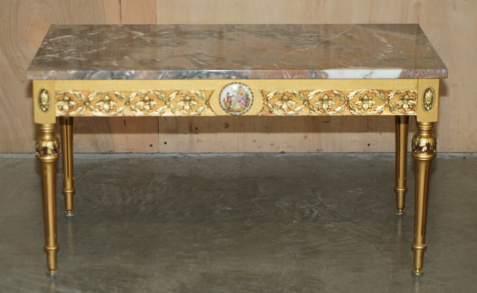 French Marble Topped Gold Giltwood Coffee Table With Signed Painted Paris Plaque photo for sale