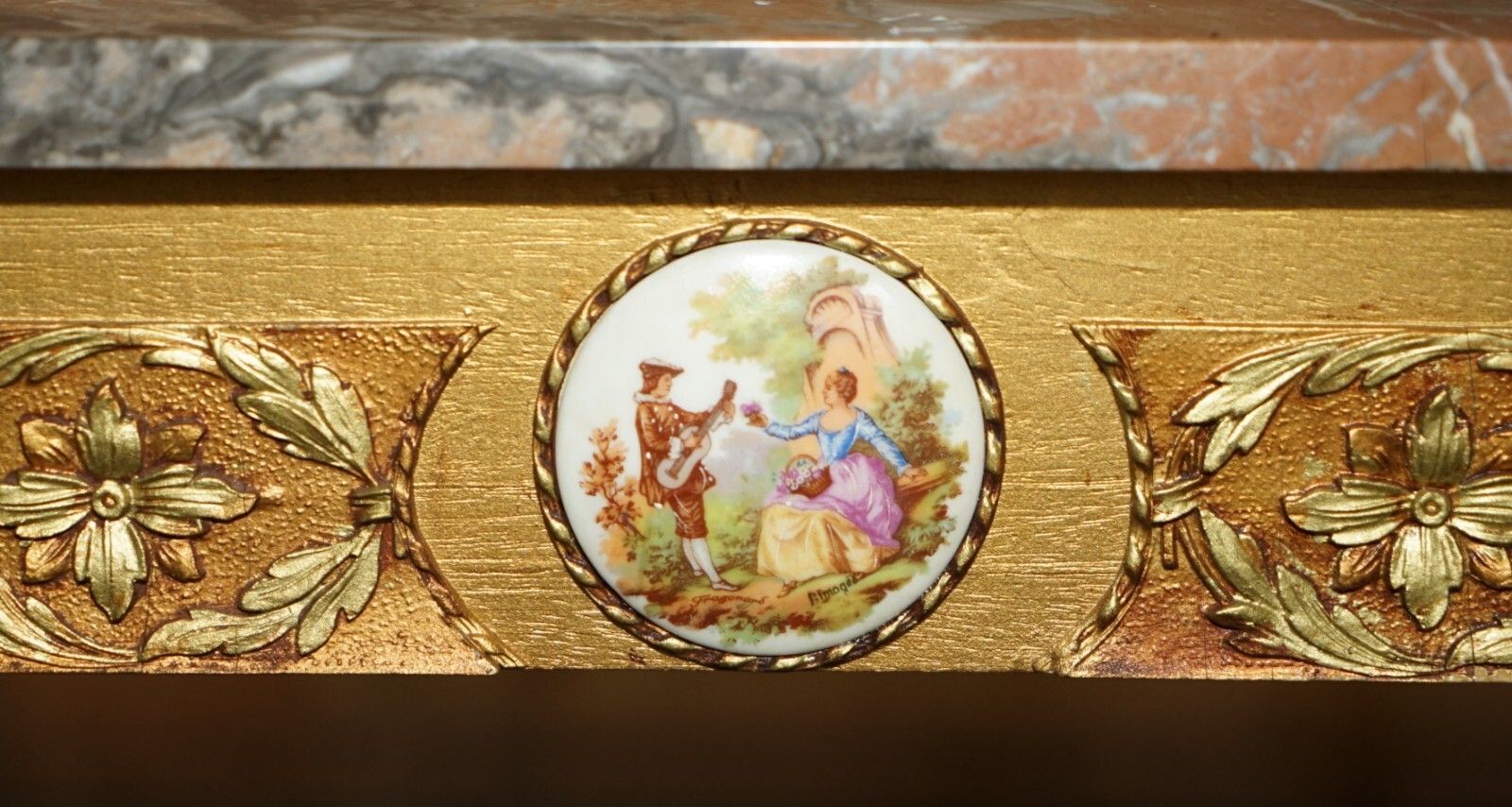 French Marble Topped Gold Giltwood Coffee Table With Signed Painted Paris Plaque photo Furniture