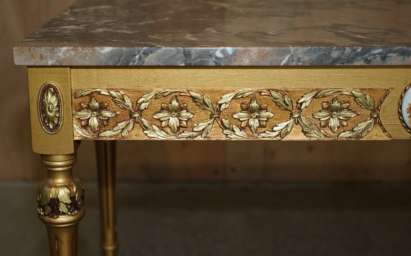 French Marble Topped Gold Giltwood Coffee Table With Signed Painted Paris Plaque photo vinterior