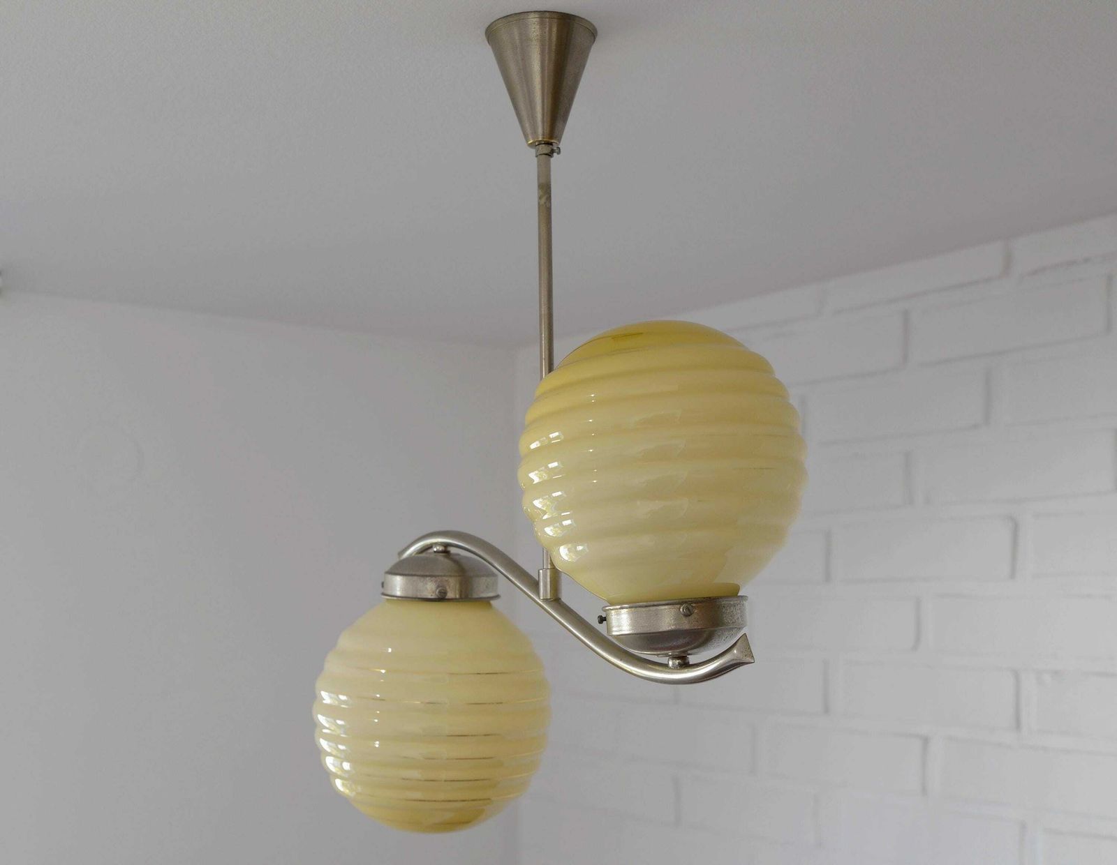 Original Art Deco / Antique Chandelier / Hanging Lamp / Glass Pendant Lamp / Light Fixture / Bauhaus Era / Yugoslavia 1940's / Old Lighting photo for sale