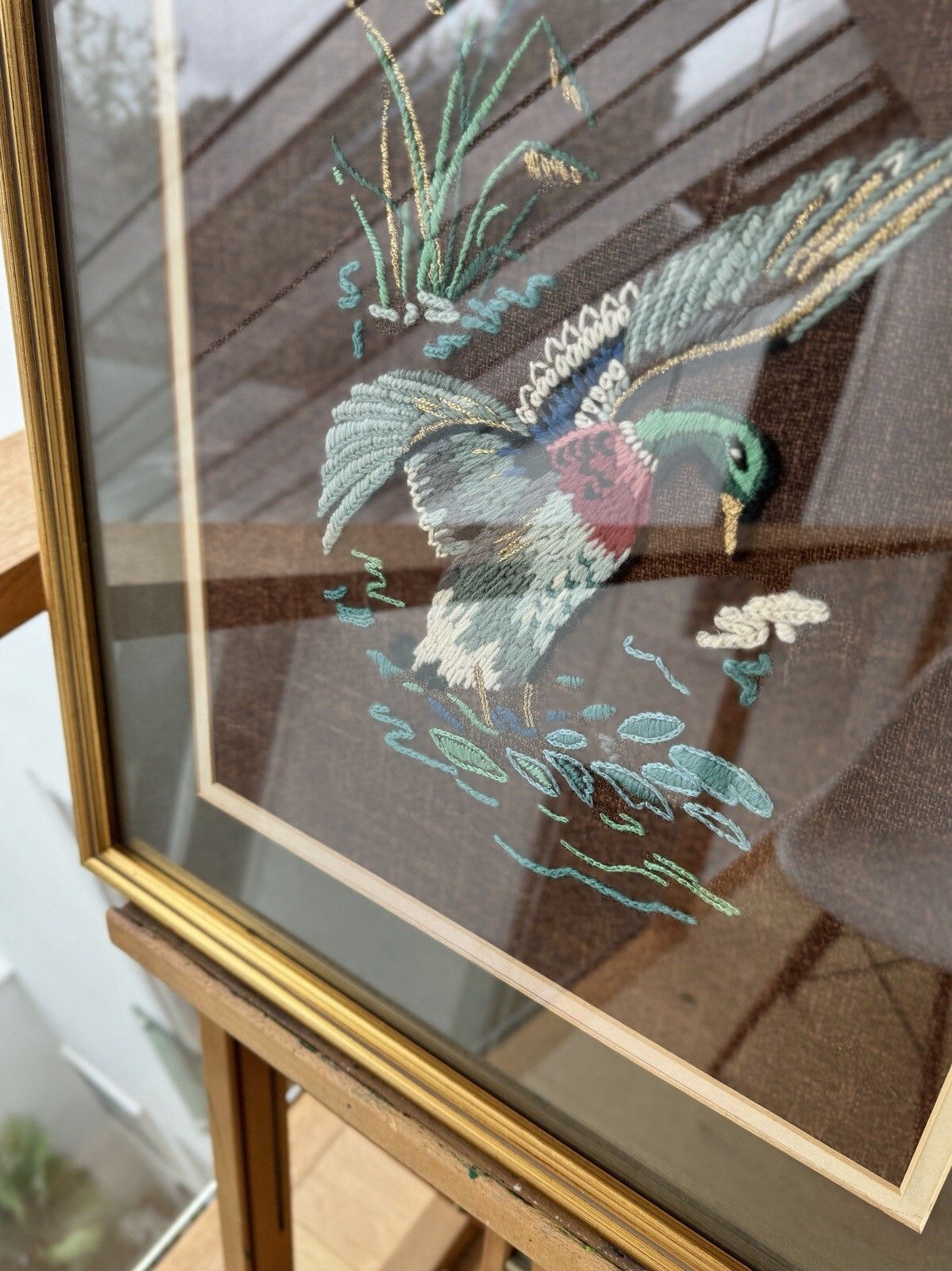 Mid Century Framed Needlepoint Of A Mallard Duck Landing On Water photo for sale