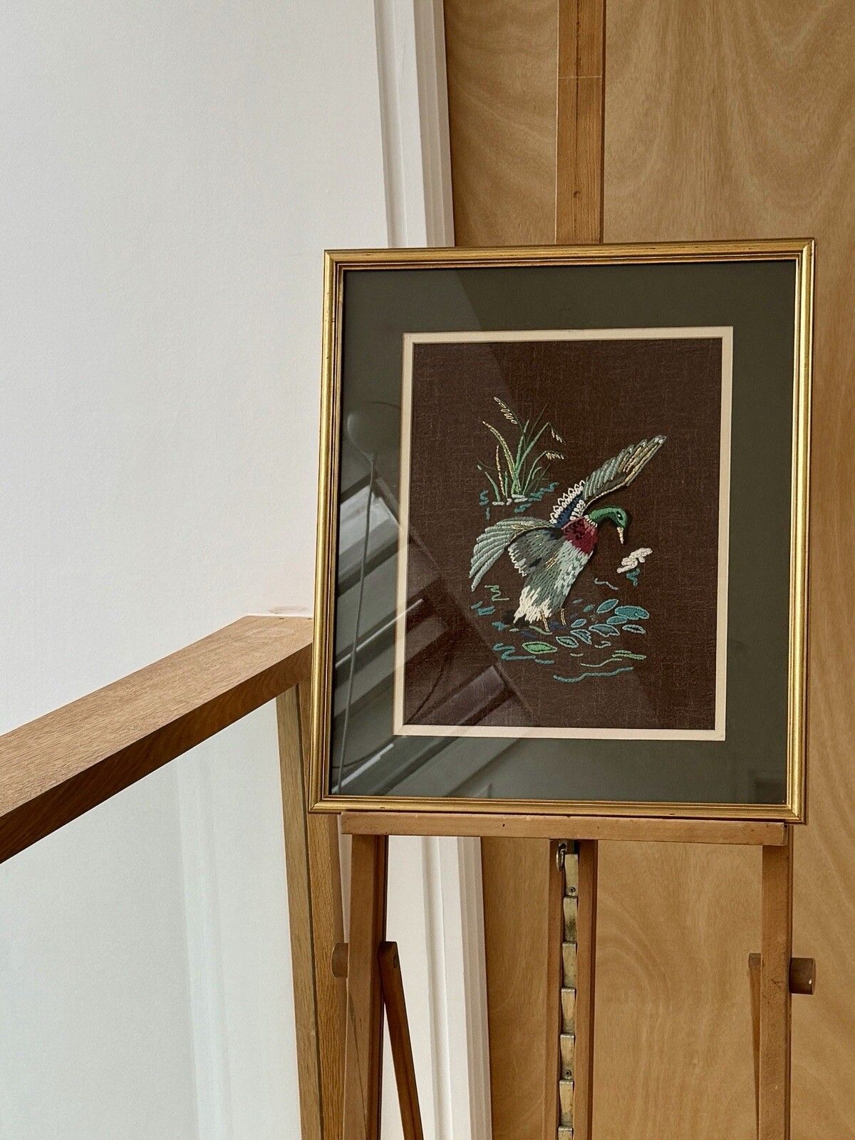 Mid Century Framed Needlepoint Of A Mallard Duck Landing On Water photo Art