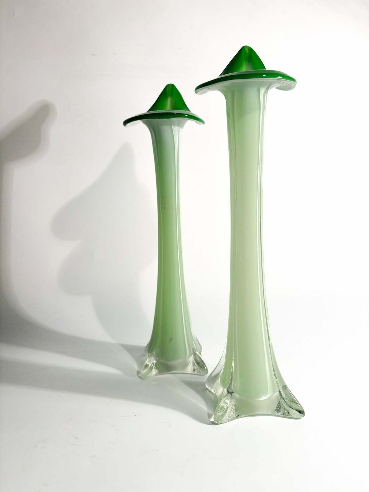 Pair Of Single Lancet Vases In Green Murano Glass From The 1970s photo vinterior