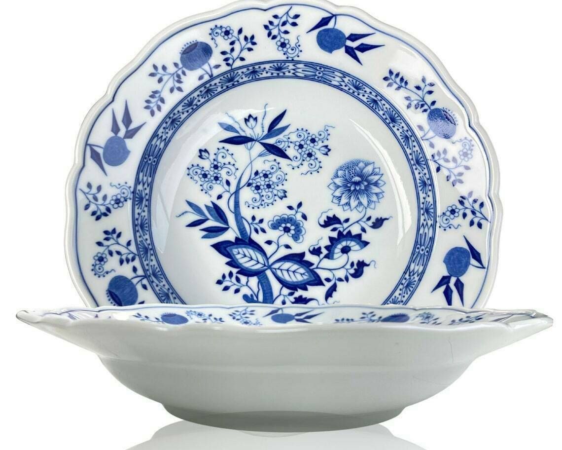 Blue Onion Dinner Plates | Blue And White Porcelain | 8 Pcs With Scalloped Trim Hutschenreuther Rare!