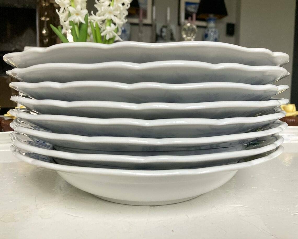 Blue Onion Dinner Plates | Blue And White Porcelain | 8 Pcs With Scalloped Trim Hutschenreuther Rare! photo for sale