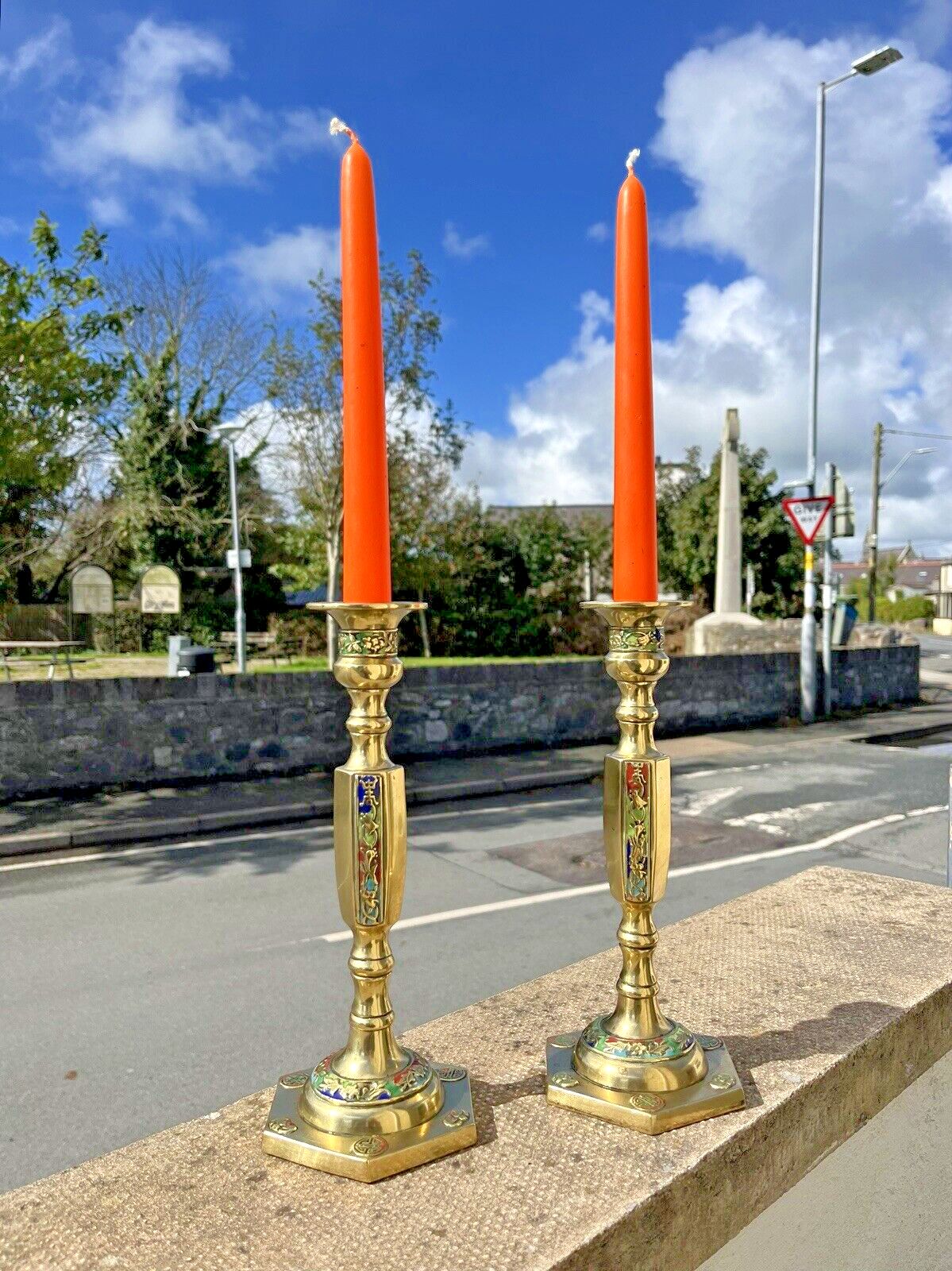 Pair Of Antique Asian Chinese Brass Floral Cloisonne Enamel Candlesticks Holders photo furniture