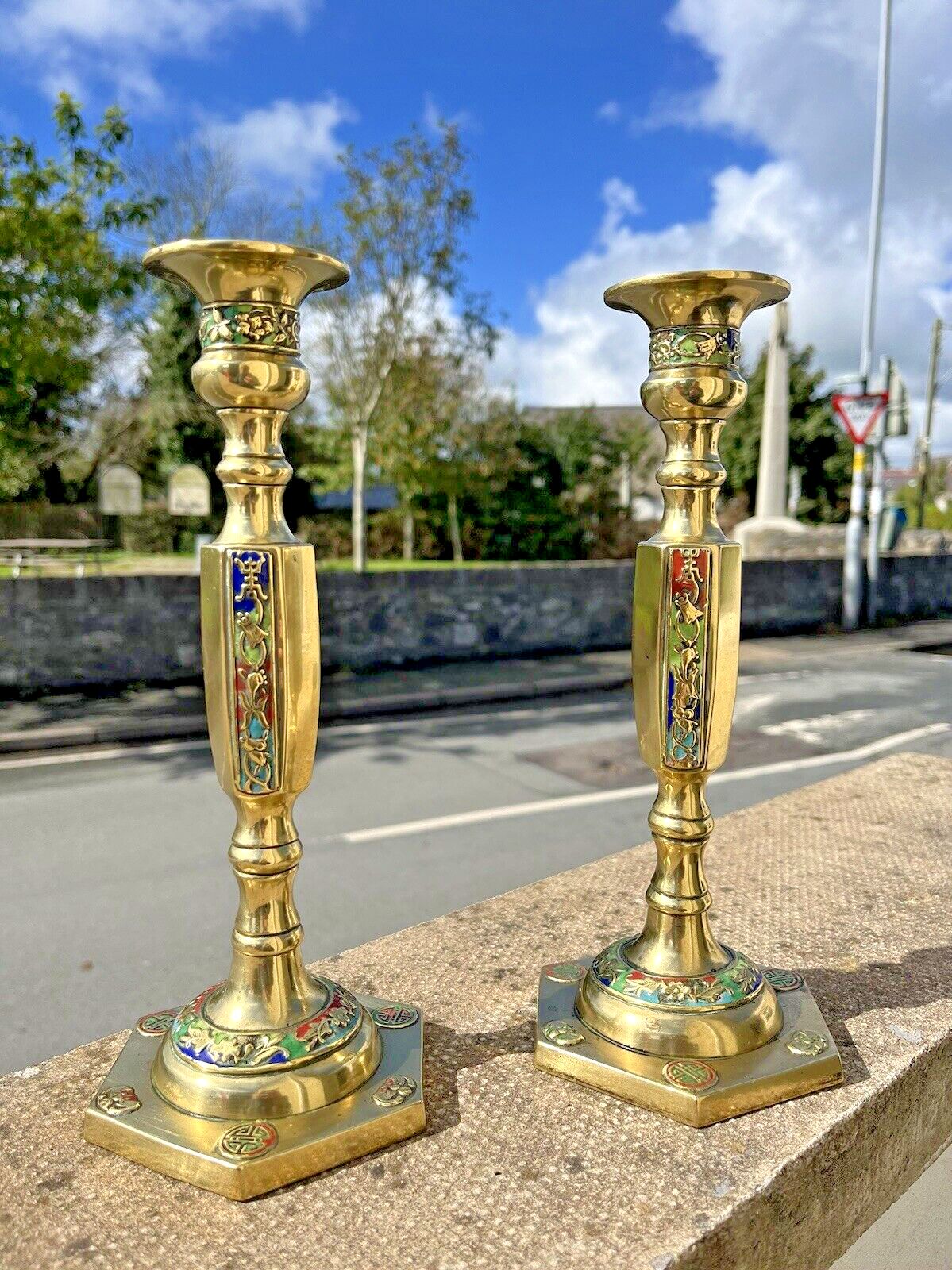 Pair Of Antique Asian Chinese Brass Floral Cloisonne Enamel Candlesticks Holders photo for sale