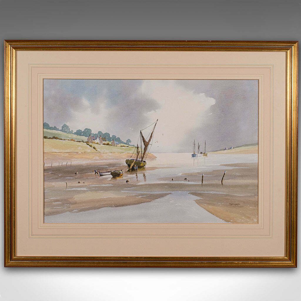 Large Vintage Coastal Painting, Welsh, Framed Watercolour, Landscape, Signed Art photo furniture