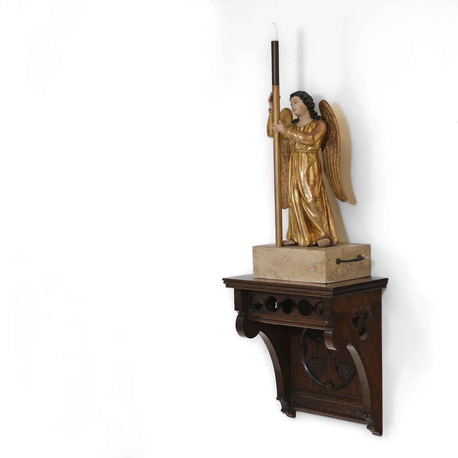 19th Century Carved Giltwood & Polychrome Painted Angel Alter Candlestick photo Home Decor