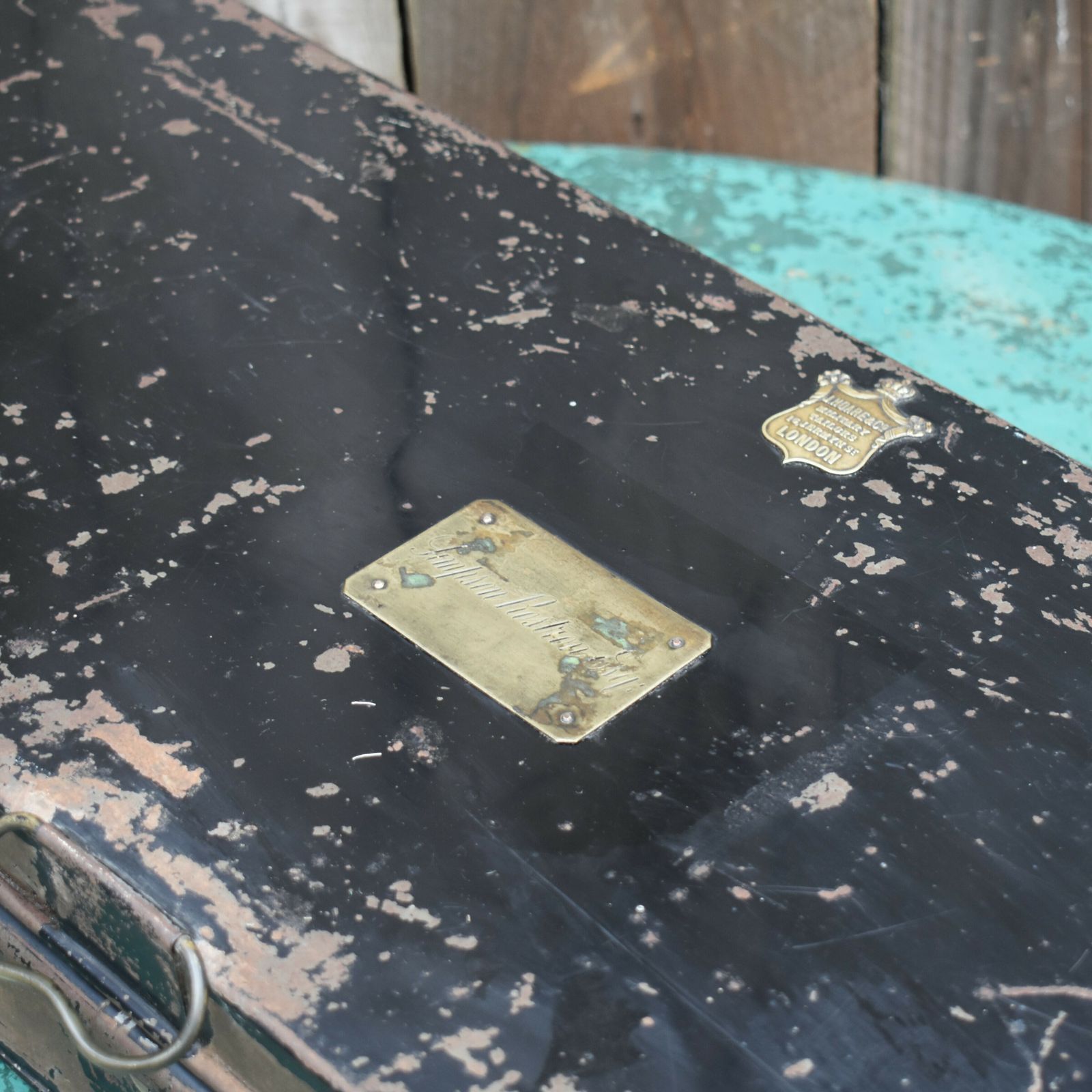 photo furniture Antique Simpson Rostron Military Uniform Box Bicorn Metal Trunk Case Hoare & Co