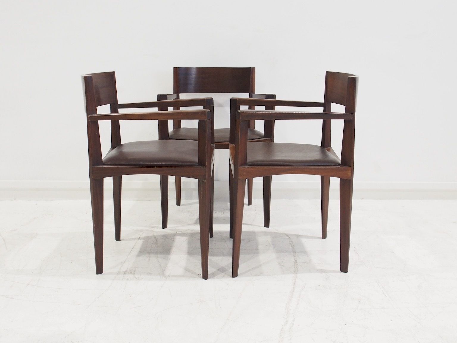 Set Of Six Dark Brown Wood And Faux Leather Italian Dining Chairs photo 1892.0