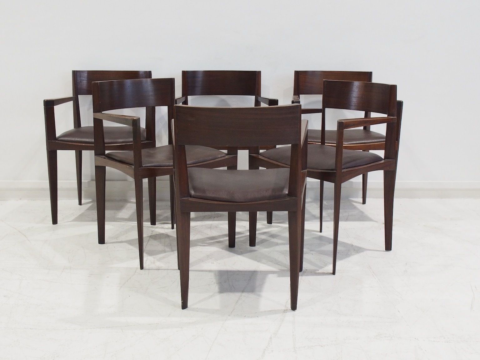 photo for sale Set Of Six Dark Brown Wood And Faux Leather Italian Dining Chairs