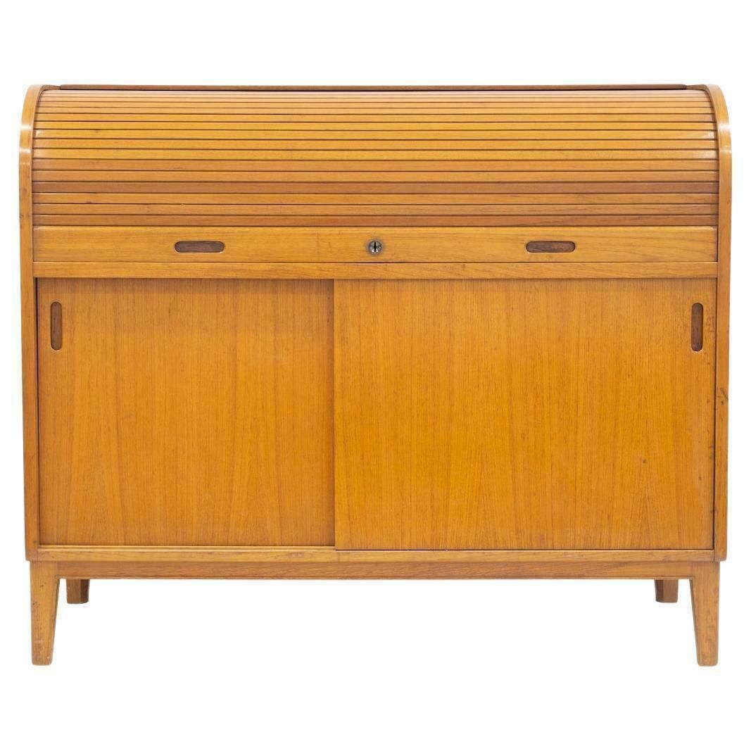 Teak Veneered Cabinet With Sliding Doors And Roll Up Flap