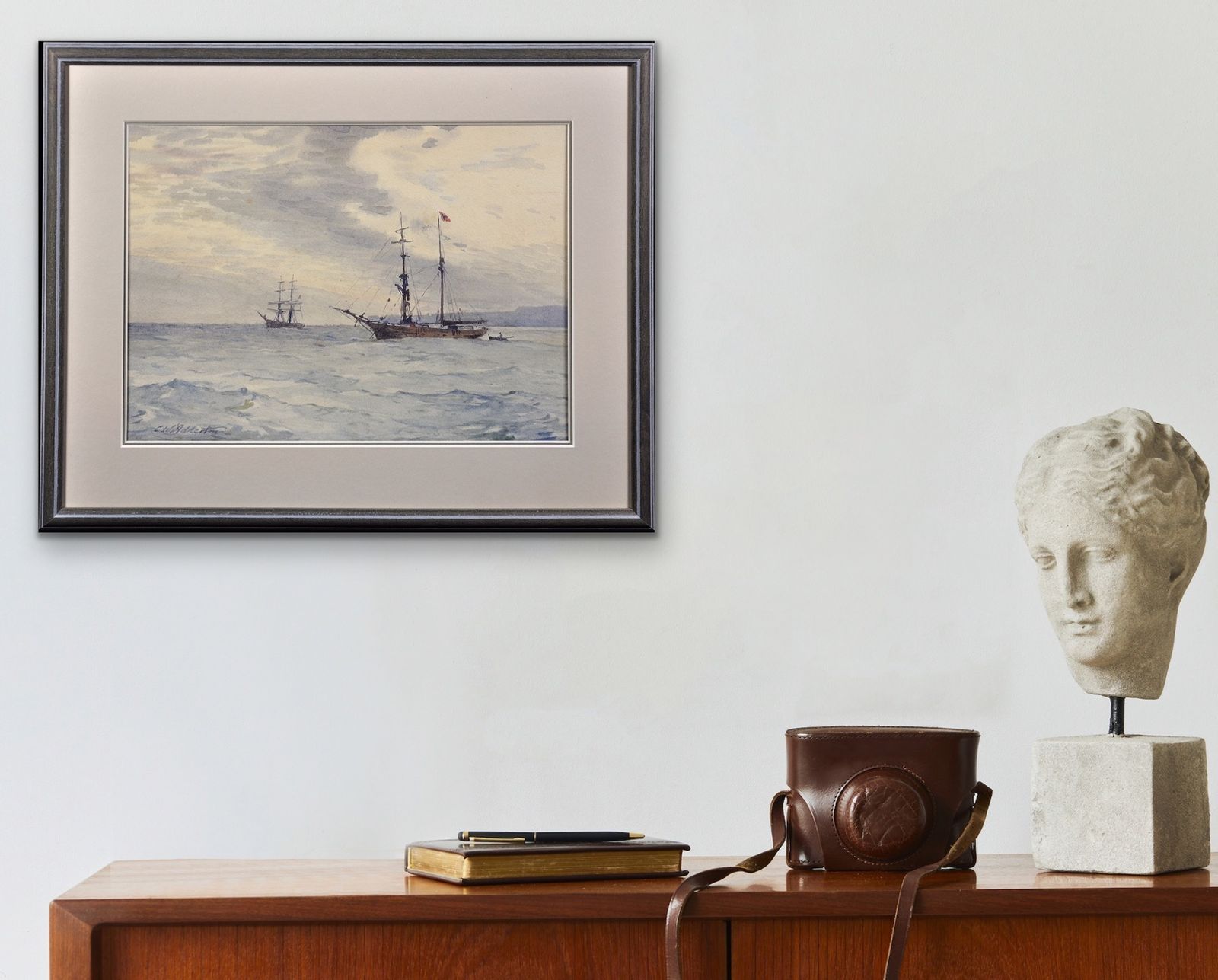 Charles William Adderton 1866 To 1944. Norwegian Barques At Anchor, Lyme Bay, Devon And Dorset. Framed Victorian Marine Watercolour Painting. photo buy