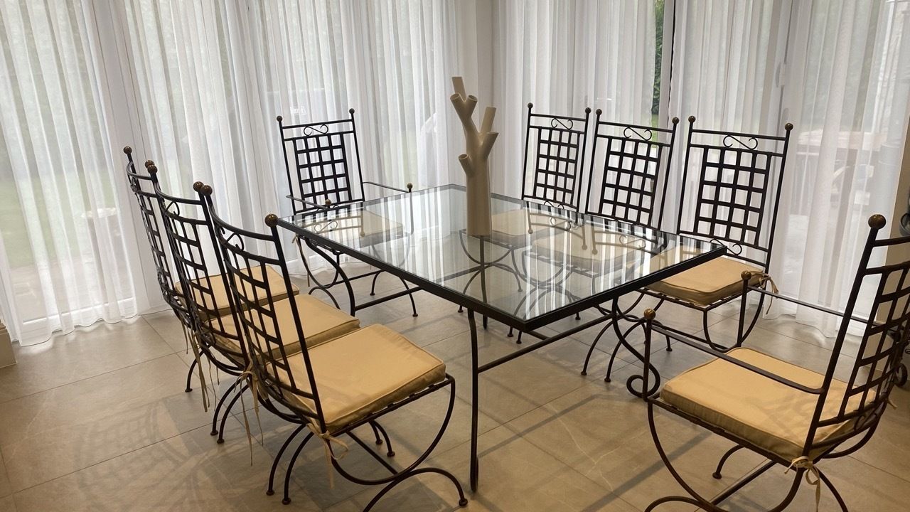 Beautiful Iron And Glass Dining Table With 8 Chairs And Twoo Moon Tables photo furniture