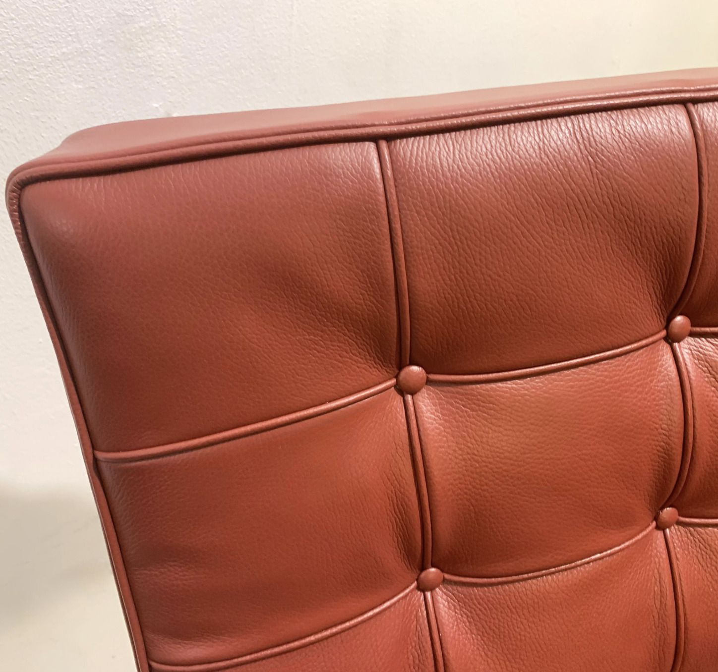 Furniture Pair Of Burgundy Leather Barcelona Chairs By Mies Van Der Rohe For Knoll, 1990s photo