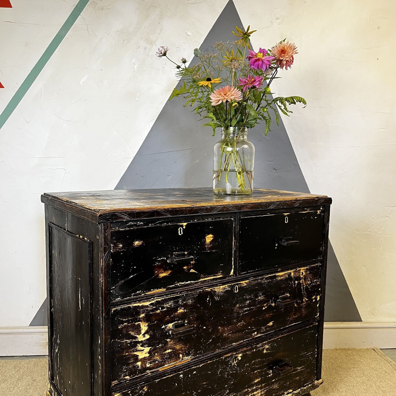 ​Antique Pine Black Chest Drawers Storage photo Furniture