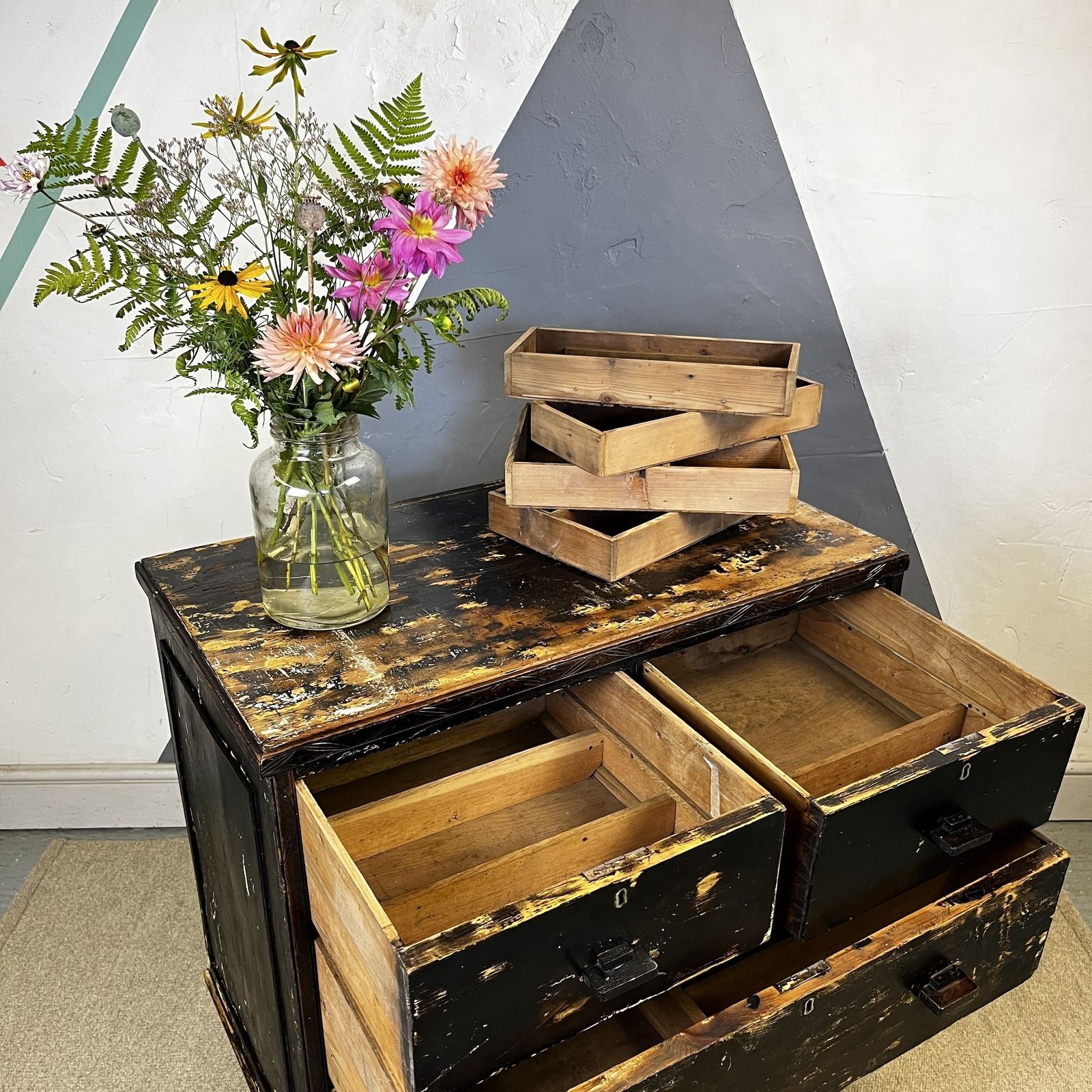 Furniture ​Antique Pine Black Chest Drawers Storage photo