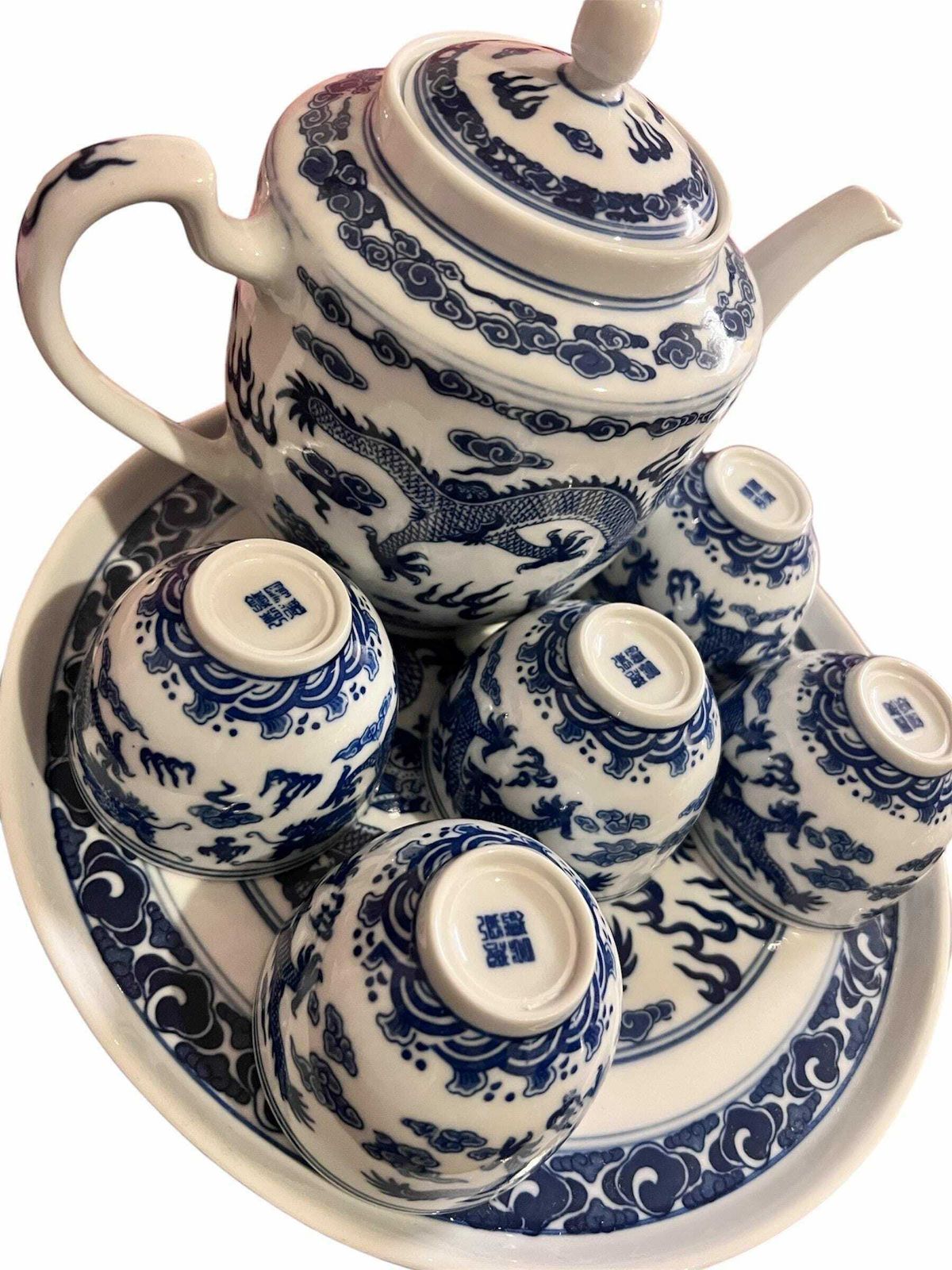 Double Dragon Vintage Chinese Porcelain Blue & White Dishware Teaset/ Teapot And Tray, Made In Jingdezhen