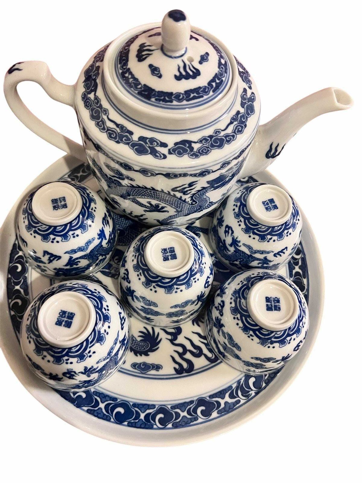 Double Dragon Vintage Chinese Porcelain Blue & White Dishware Teaset/ Teapot And Tray, Made In Jingdezhen photo furniture