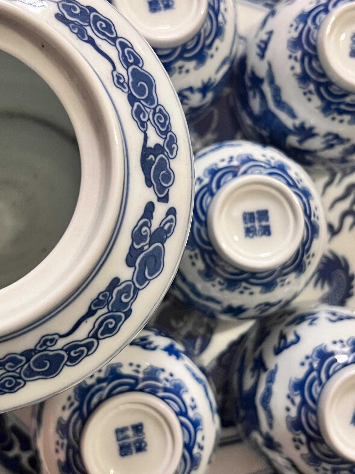 Double Dragon Vintage Chinese Porcelain Blue & White Dishware Teaset/ Teapot And Tray, Made In Jingdezhen photo vinterior