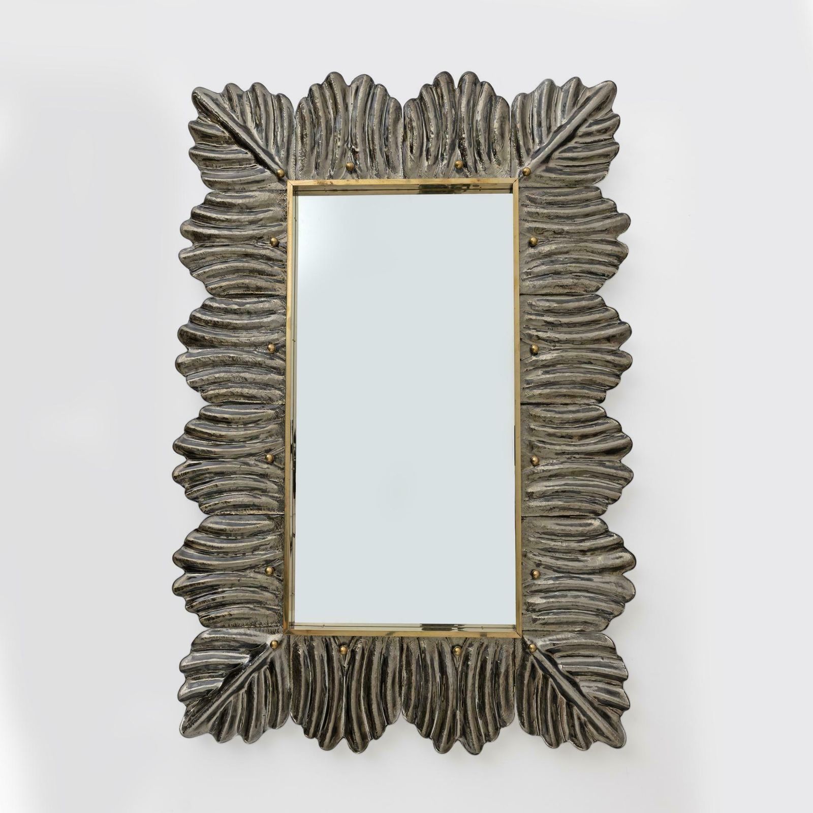 Pair Of Mid Century Modern Italian Brass And Leaf Murano Glass Wall Mirrors photo furniture