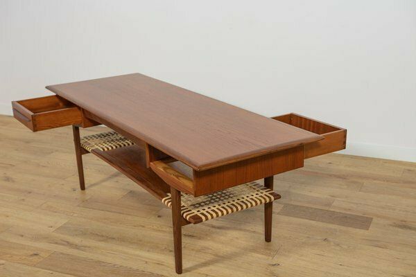 Mid Century Teak & Rattan Coffee Table, Denmark, 1960s photo vinterior