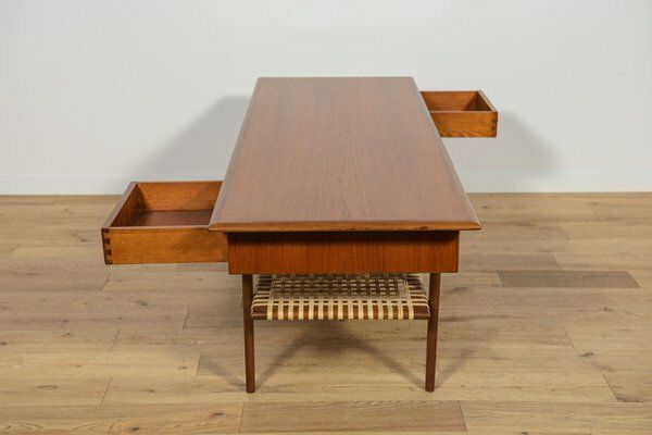 photo for sale Mid Century Teak & Rattan Coffee Table, Denmark, 1960s