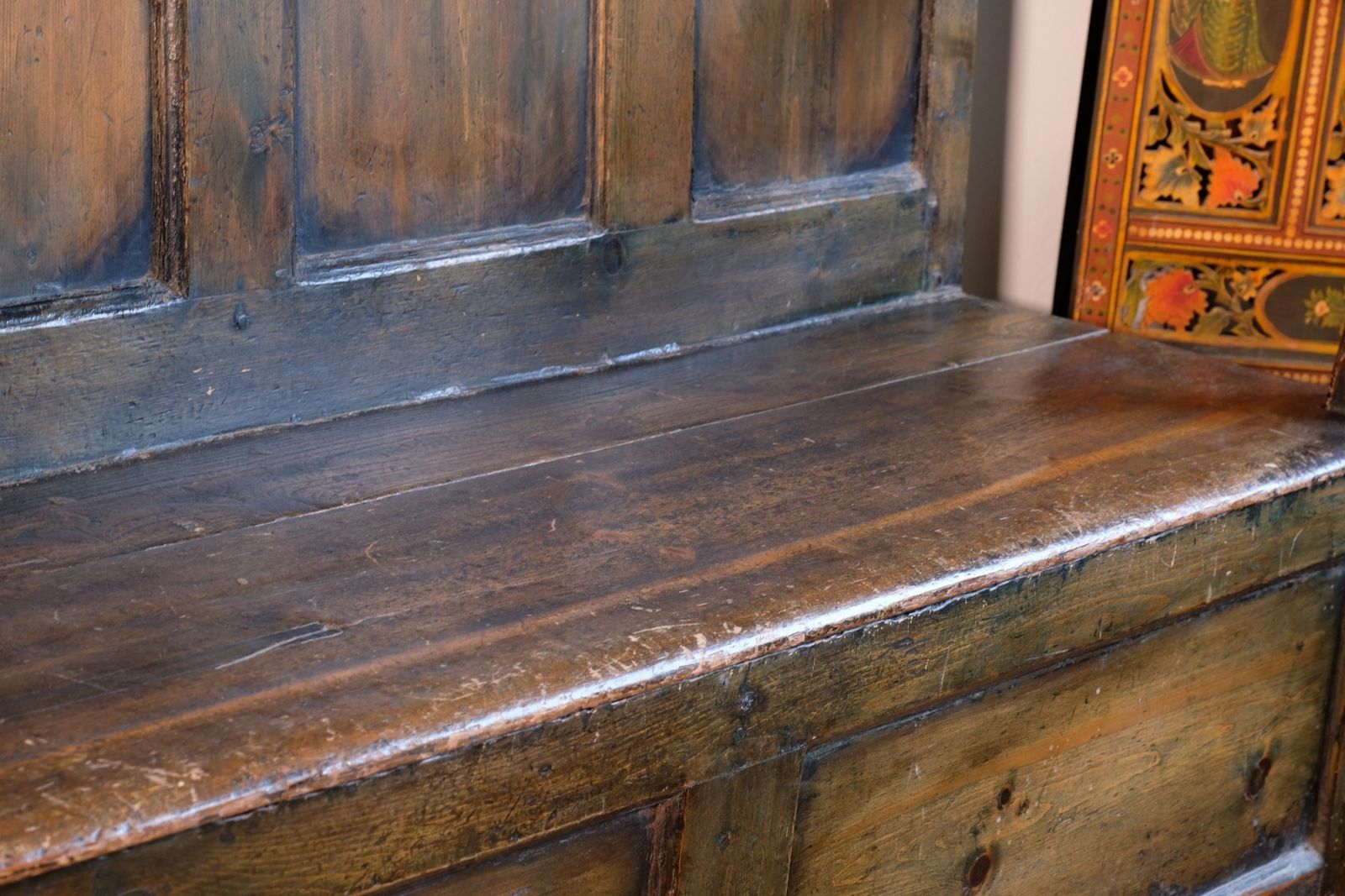 19th Century Welsh Oak Settle With Painted Panels & Storage photo furniture