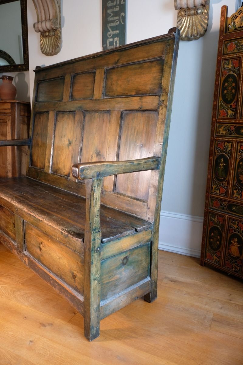 19th Century Welsh Oak Settle With Painted Panels & Storage photo vintage