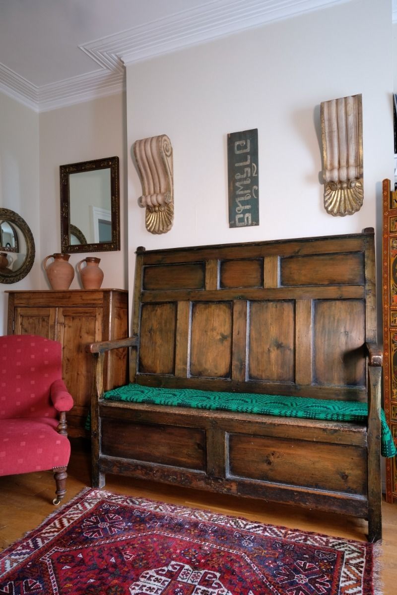 photo for sale 19th Century Welsh Oak Settle With Painted Panels & Storage