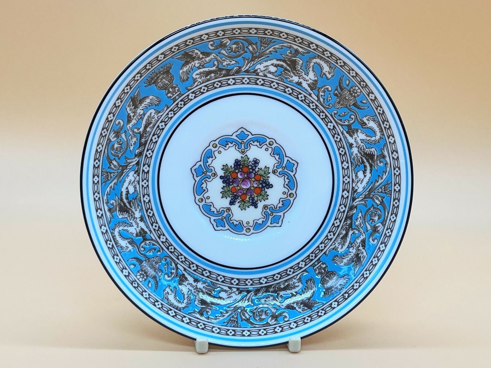 Wedgwood China Turquoise Florentine Design Peony Shape Tea Cup & Saucer Duo. W2714. photo furniture